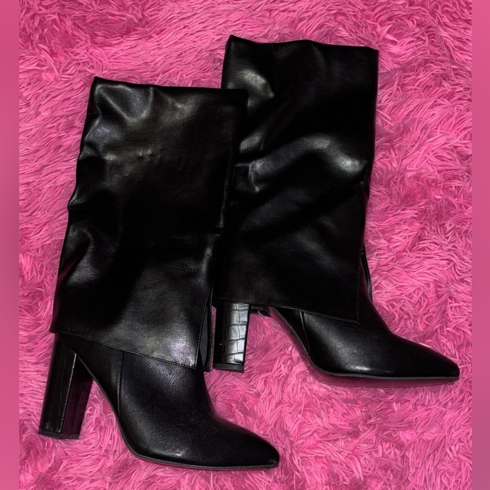 Chunk Heel Black Knee-High Boot Women Size 10 - Picture 2 of 6